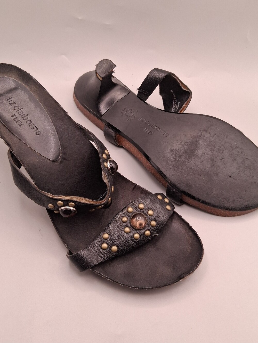 Liz Claiborne Black Leather Slide Sandals with Gold-Tone Studs